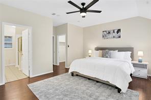 Bathroom with vanity, plus walk in shower, and tile patterned flooring